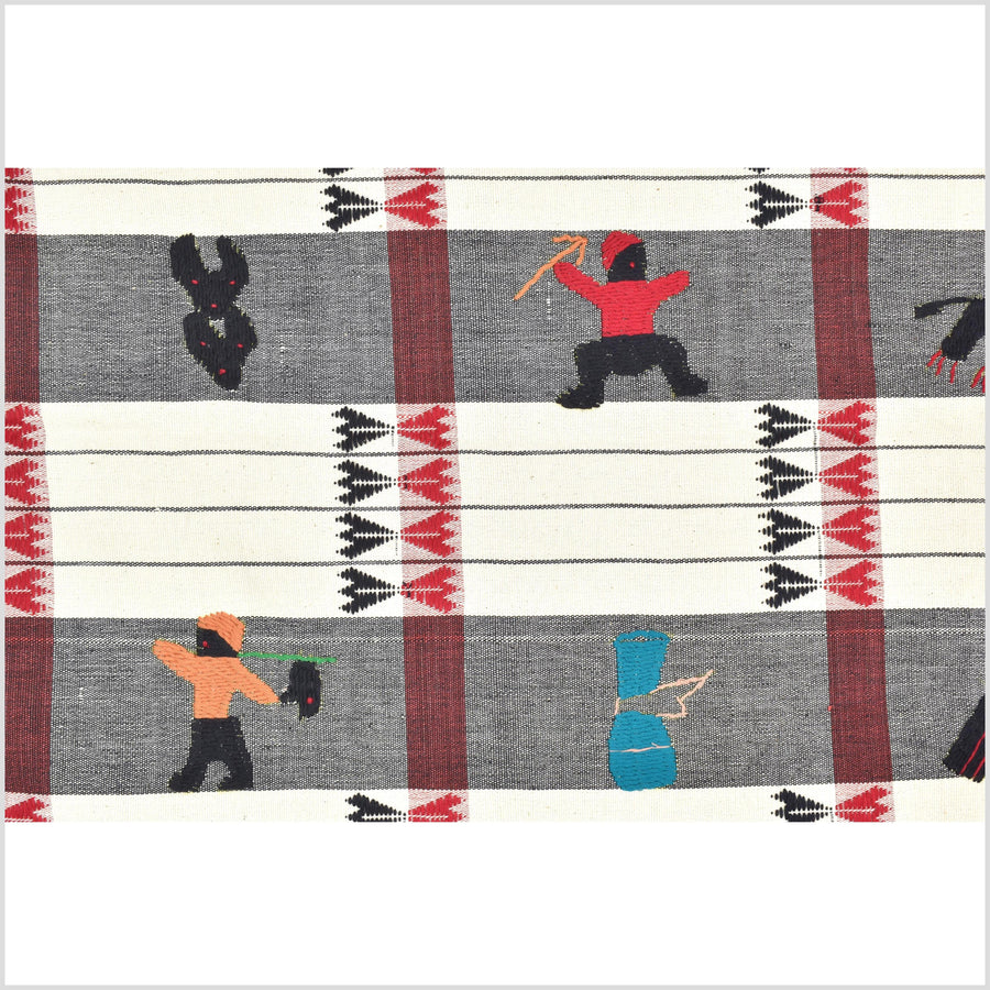 Unusual cream gray grid style cotton story quilt Naga tribal textile ethnic embroidered boho fabric Burma hill tribe tapestry Thailand India Hmong MP58