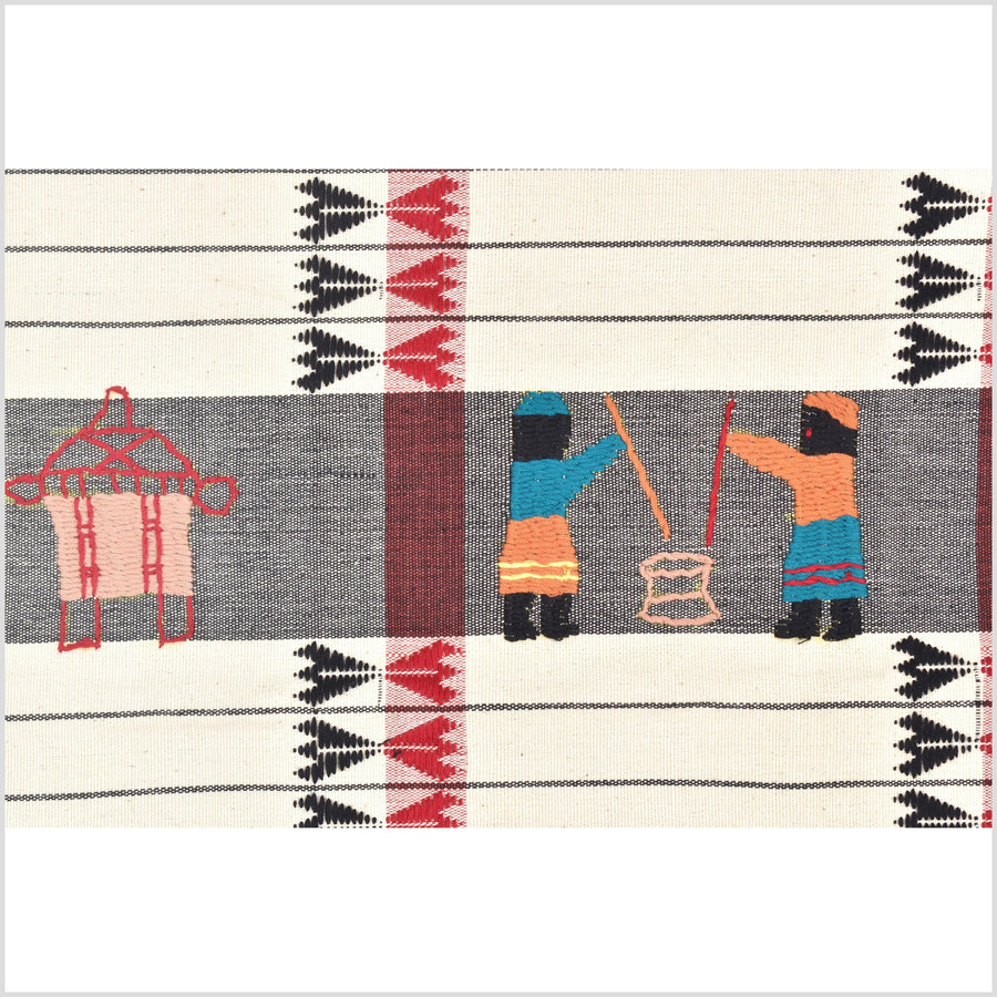 Unusual cream gray grid style cotton story quilt Naga tribal textile ethnic embroidered boho fabric Burma hill tribe tapestry Thailand India Hmong MP58