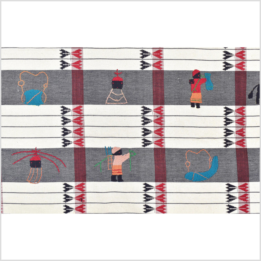 Unusual cream gray grid style cotton story quilt Naga tribal textile ethnic embroidered boho fabric Burma hill tribe tapestry Thailand India Hmong MP58