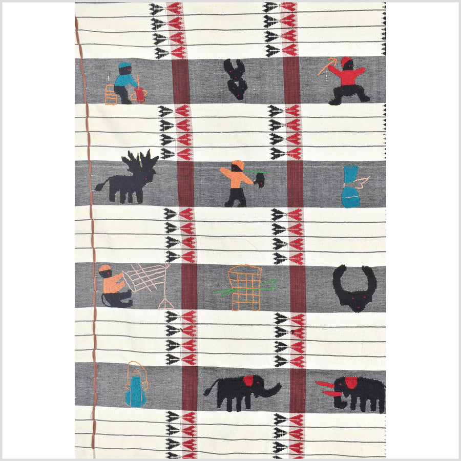 Unusual cream gray grid style cotton story quilt Naga tribal textile ethnic embroidered boho fabric Burma hill tribe tapestry Thailand India Hmong MP58