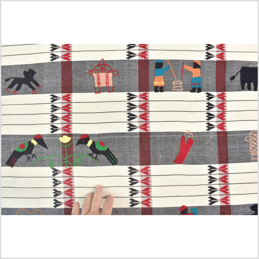 Unusual cream gray grid style cotton story quilt Naga tribal textile ethnic embroidered boho fabric Burma hill tribe tapestry Thailand India Hmong MP58