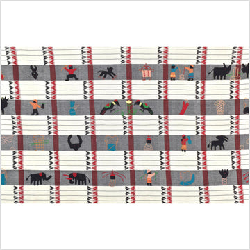 Unusual cream gray grid style cotton story quilt Naga tribal textile ethnic embroidered boho fabric Burma hill tribe tapestry Thailand India Hmong MP58