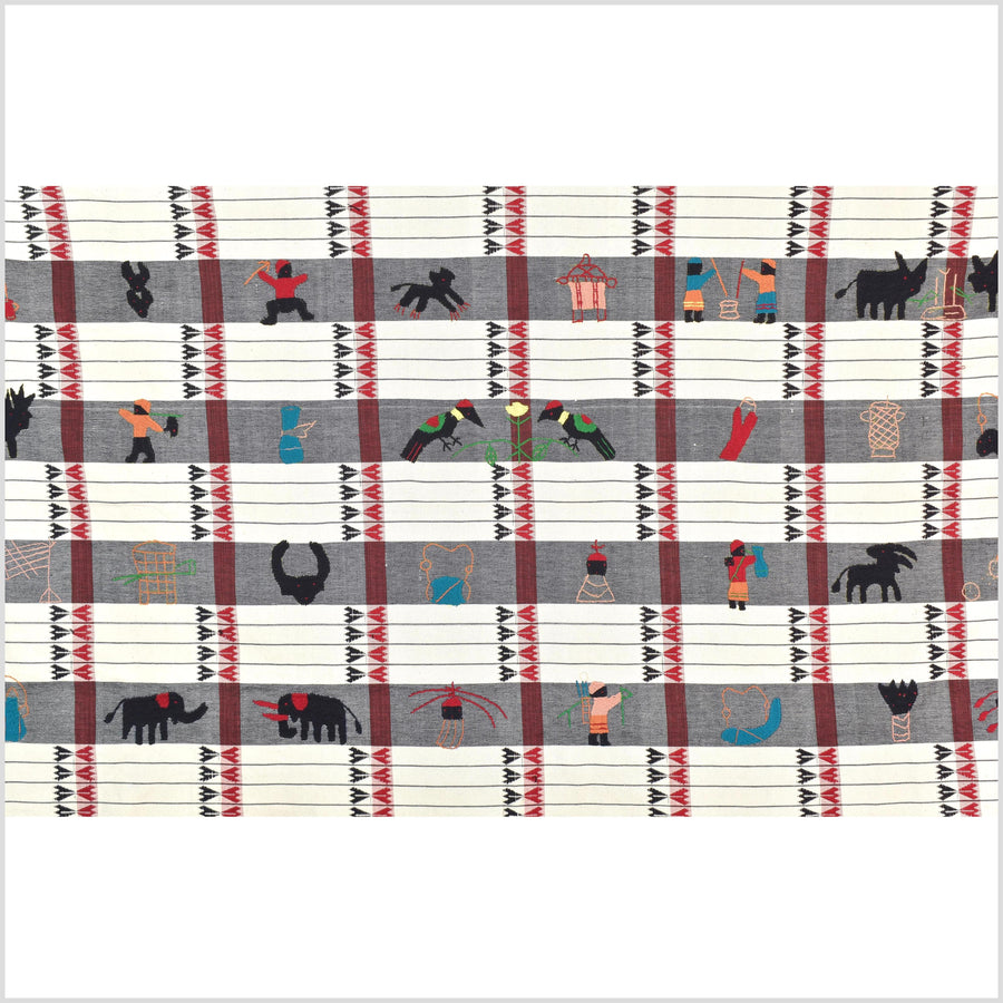 Unusual cream gray grid style cotton story quilt Naga tribal textile ethnic embroidered boho fabric Burma hill tribe tapestry Thailand India Hmong MP58