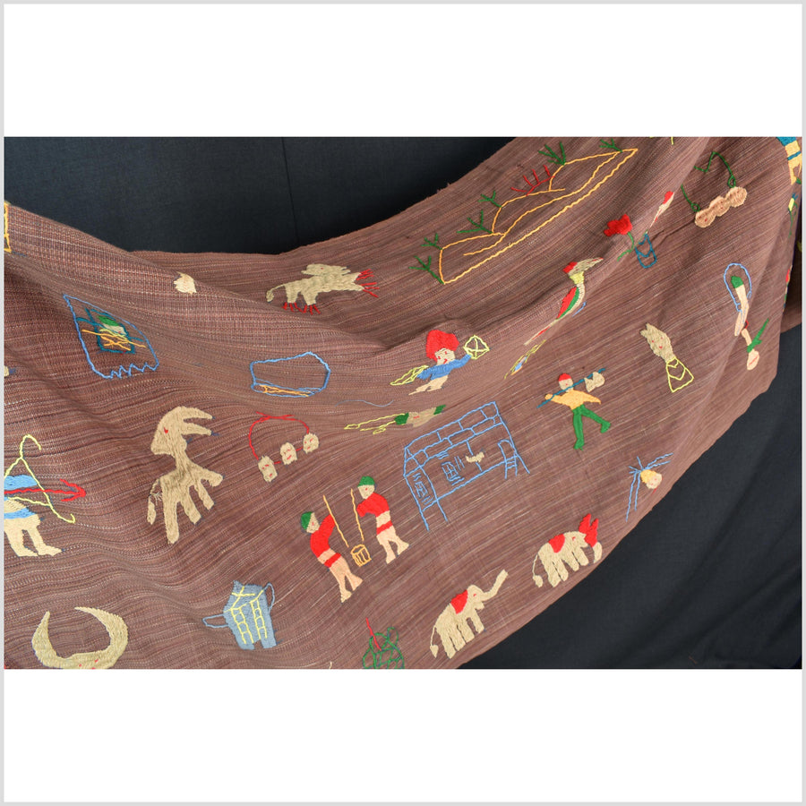 Rusty rose cotton story quilt Naga tribal textile ethnic embroidered boho fabric Burma hill tribe tapestry Thai India Hmong MP59