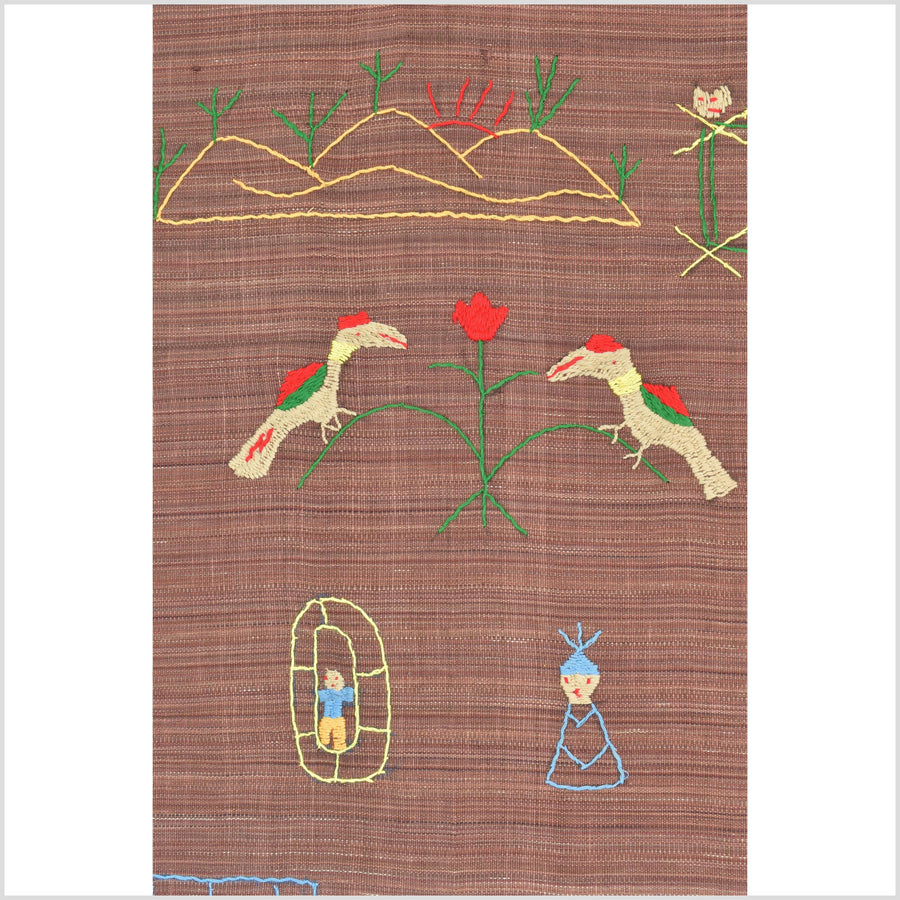 Rusty rose cotton story quilt Naga tribal textile ethnic embroidered boho fabric Burma hill tribe tapestry Thai India Hmong MP59