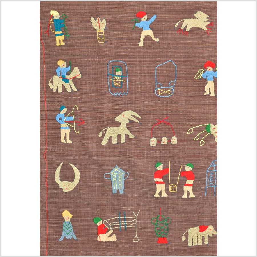 Rusty rose cotton story quilt Naga tribal textile ethnic embroidered boho fabric Burma hill tribe tapestry Thai India Hmong MP59