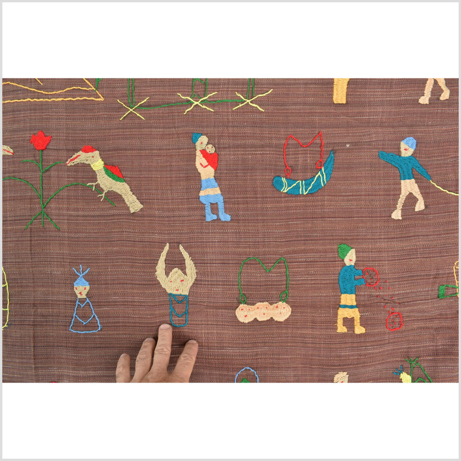 Rusty rose cotton story quilt Naga tribal textile ethnic embroidered boho fabric Burma hill tribe tapestry Thai India Hmong MP59