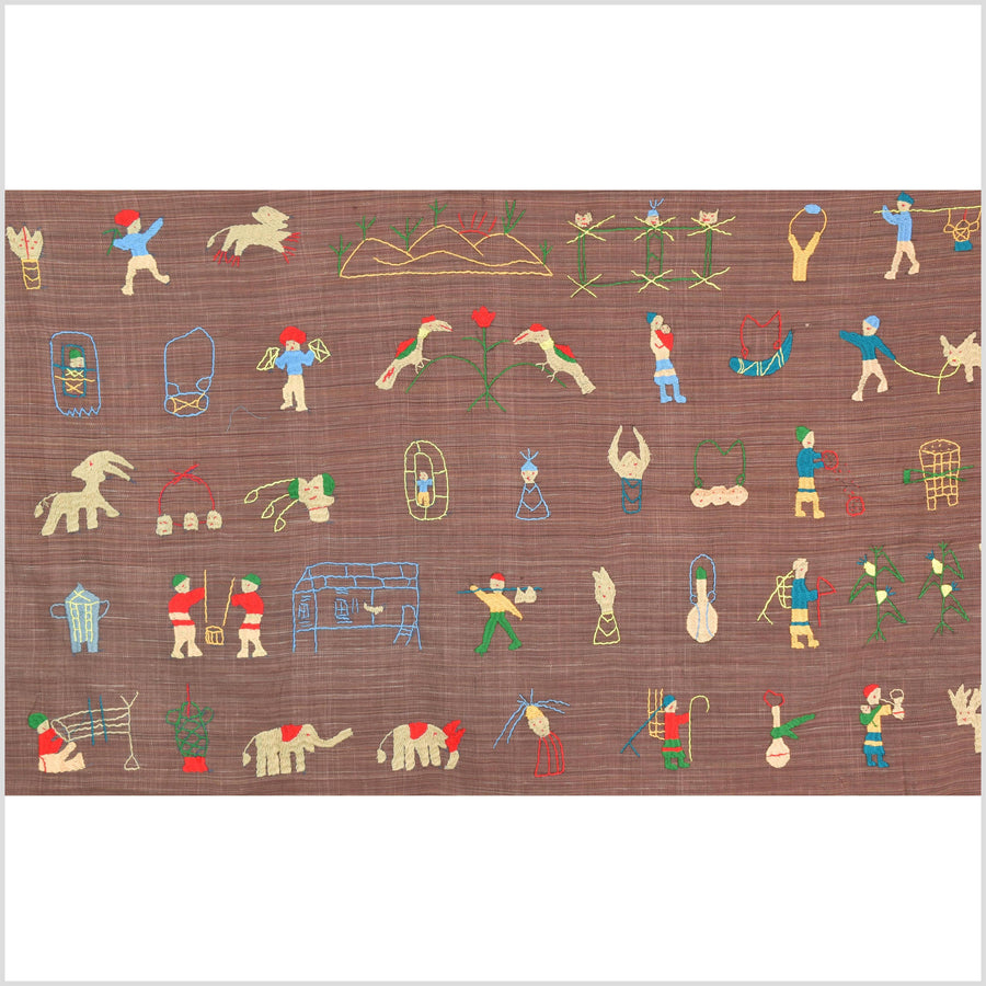 Rusty rose cotton story quilt Naga tribal textile ethnic embroidered boho fabric Burma hill tribe tapestry Thai India Hmong MP59