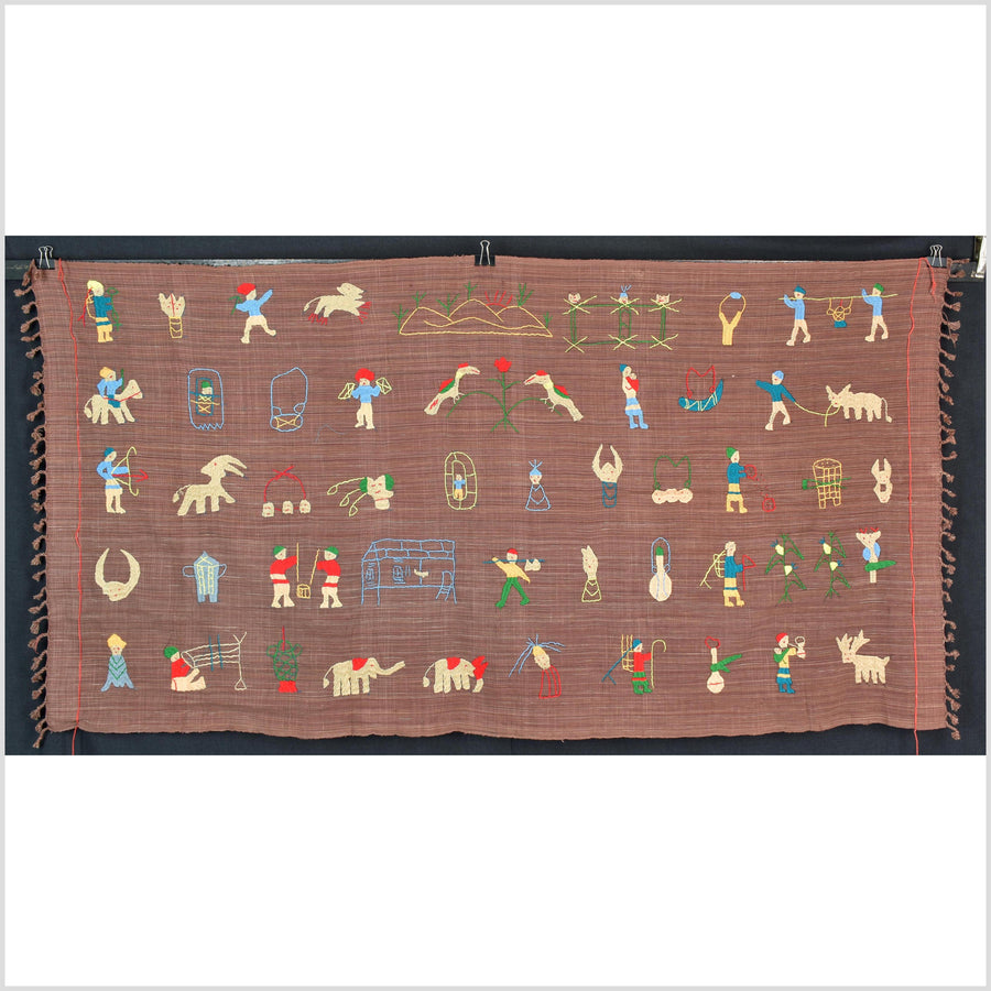 Rusty rose cotton story quilt Naga tribal textile ethnic embroidered boho fabric Burma hill tribe tapestry Thai India Hmong MP59