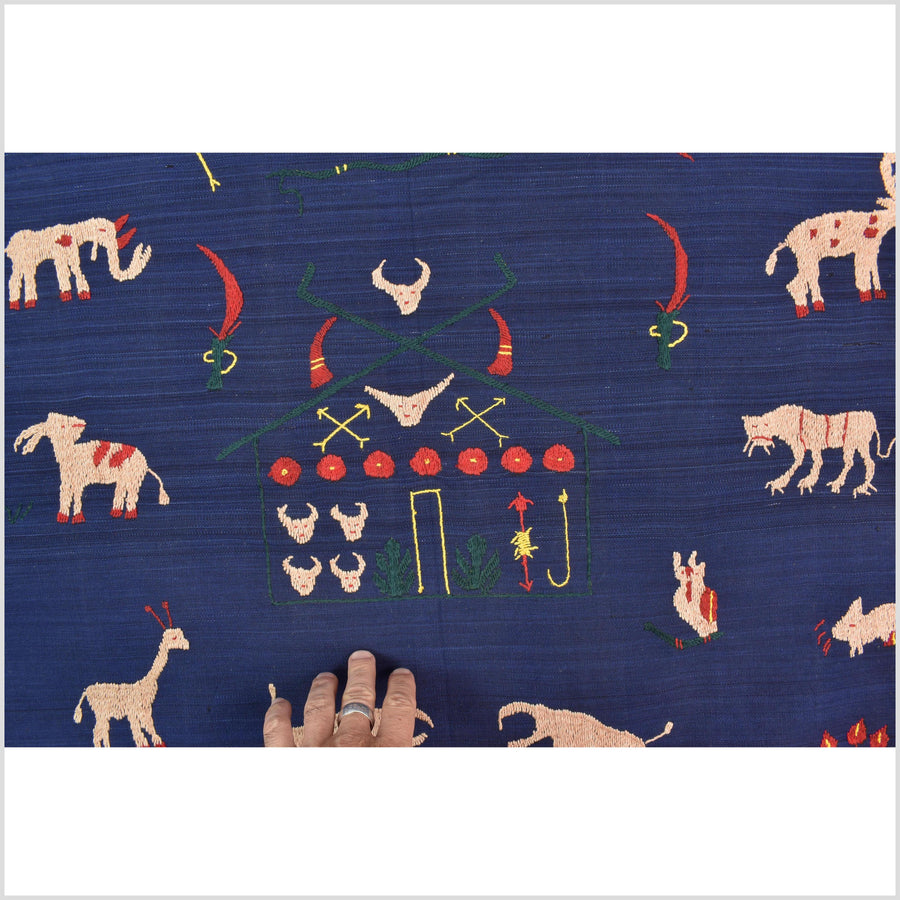 Cobalt blue cotton story quilt Naga tribal textile ethnic embroidered boho fabric Burma hill tribe tapestry Thailand India Hmong MP5