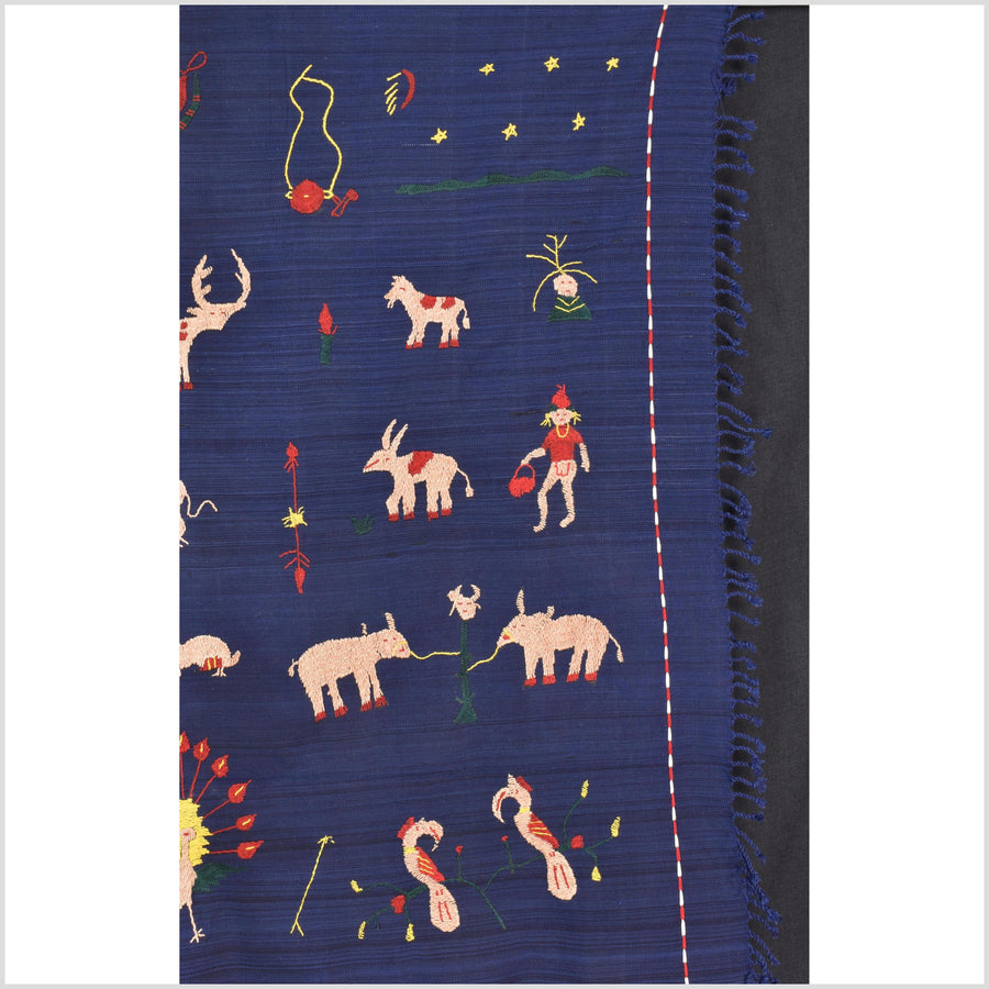 Cobalt blue cotton story quilt Naga tribal textile ethnic embroidered boho fabric Burma hill tribe tapestry Thailand India Hmong MP5