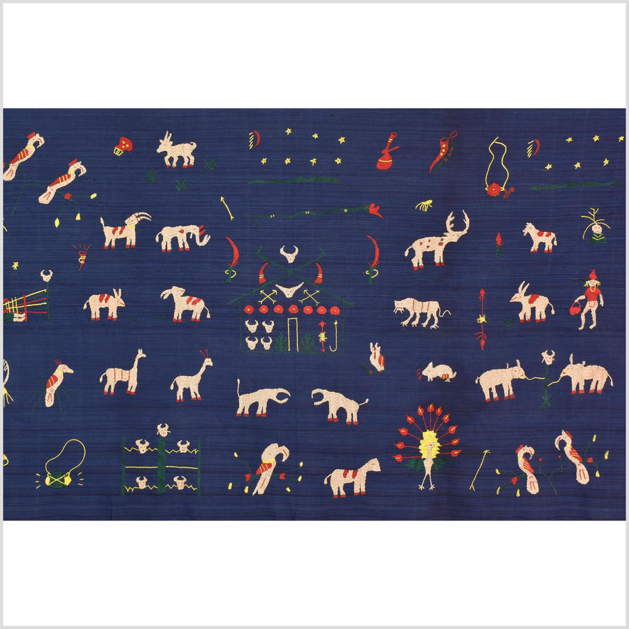 Cobalt blue cotton story quilt Naga tribal textile ethnic embroidered boho fabric Burma hill tribe tapestry Thailand India Hmong MP5