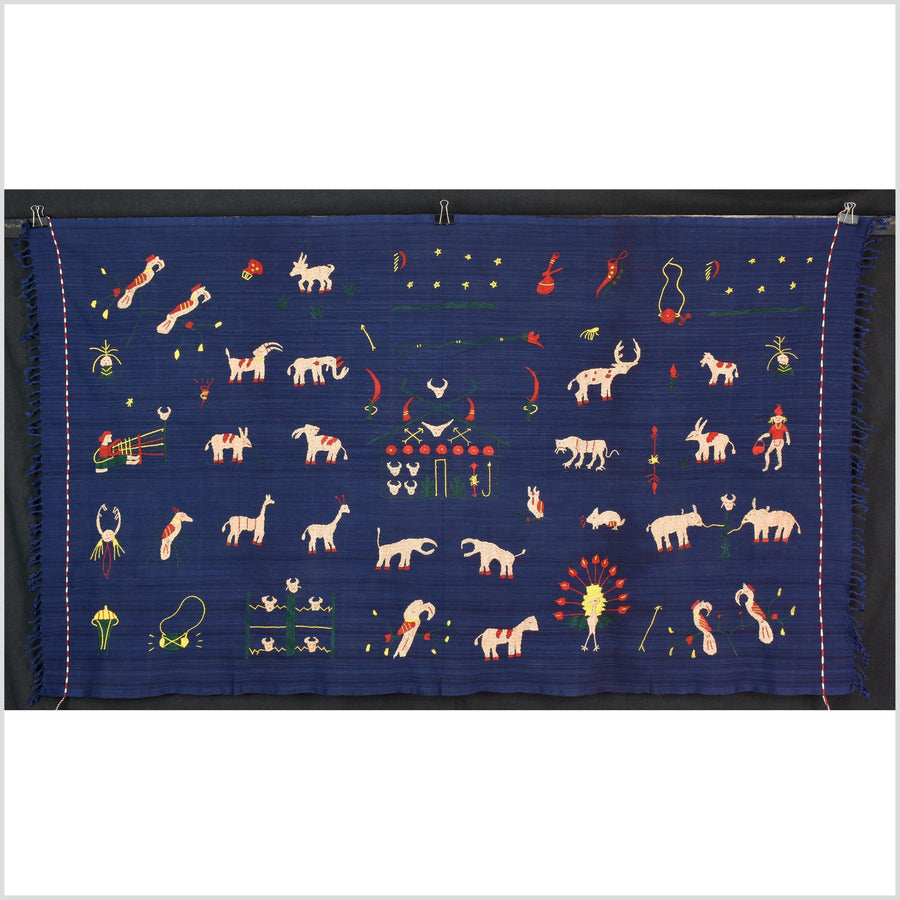 Cobalt blue cotton story quilt Naga tribal textile ethnic embroidered boho fabric Burma hill tribe tapestry Thailand India Hmong MP5