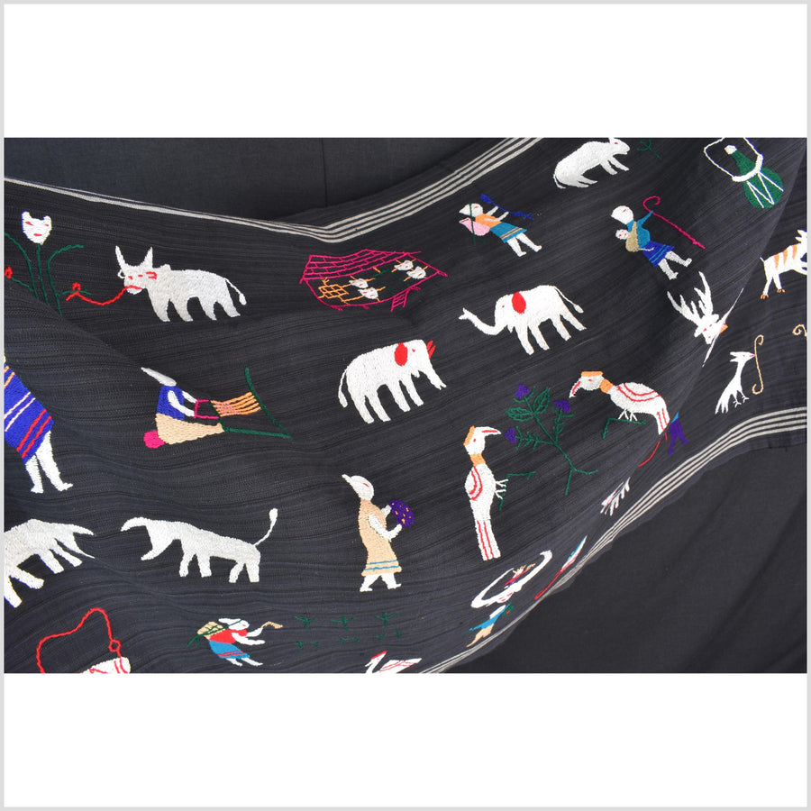 Electric black cotton story quilt Naga tribal textile ethnic embroidered boho fabric Burma hill tribe tapestry Thai India Hmong MP60
