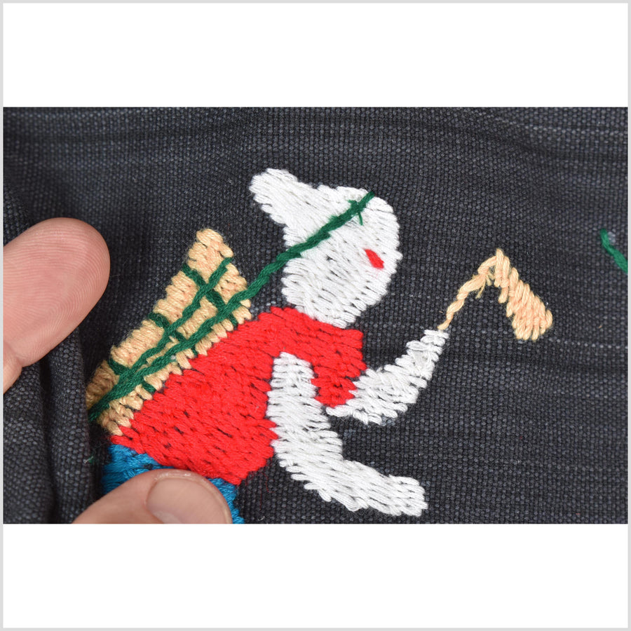 Electric black cotton story quilt Naga tribal textile ethnic embroidered boho fabric Burma hill tribe tapestry Thai India Hmong MP60