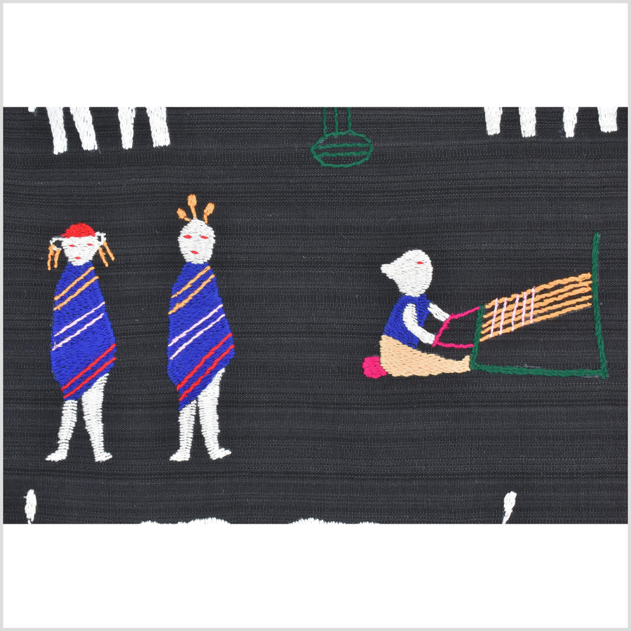 Electric black cotton story quilt Naga tribal textile ethnic embroidered boho fabric Burma hill tribe tapestry Thai India Hmong MP60