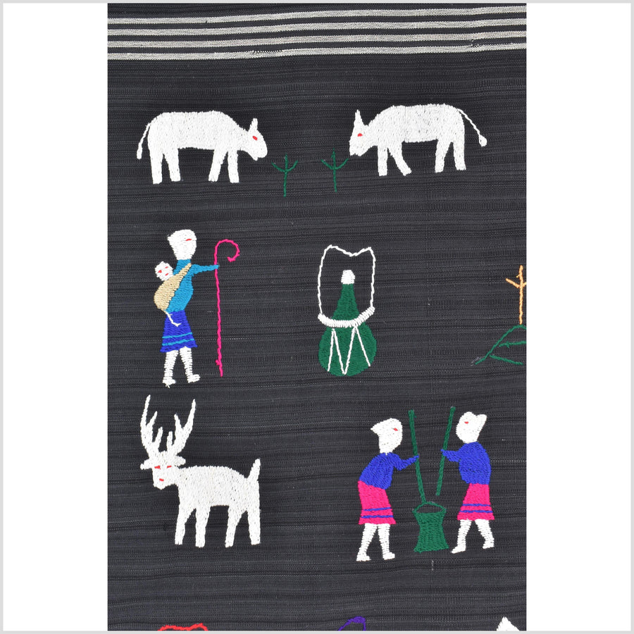 Electric black cotton story quilt Naga tribal textile ethnic embroidered boho fabric Burma hill tribe tapestry Thai India Hmong MP60