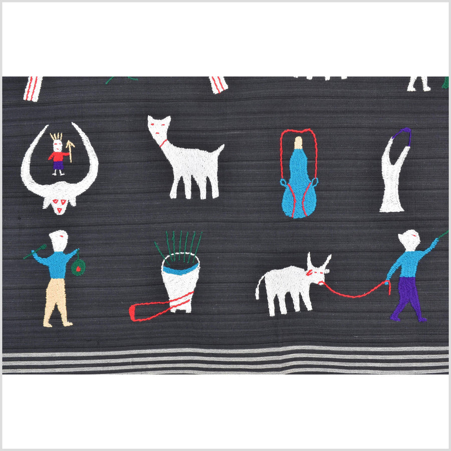 Electric black cotton story quilt Naga tribal textile ethnic embroidered boho fabric Burma hill tribe tapestry Thai India Hmong MP60