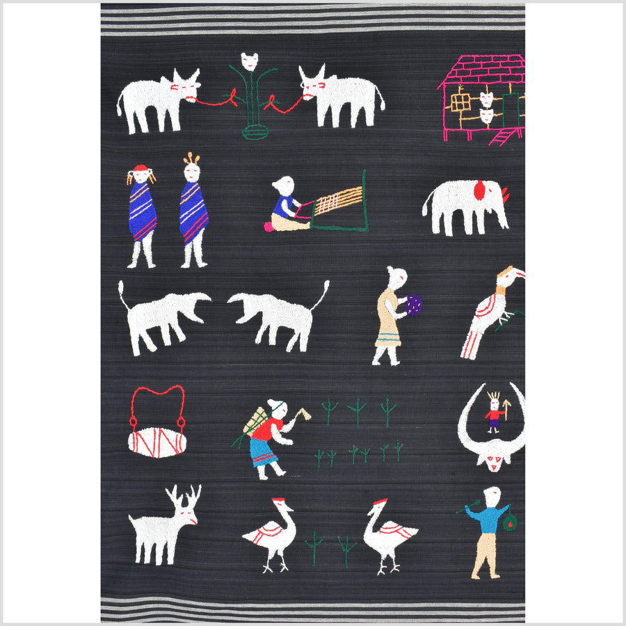 Electric black cotton story quilt Naga tribal textile ethnic embroidered boho fabric Burma hill tribe tapestry Thai India Hmong MP60