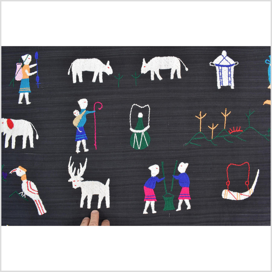 Electric black cotton story quilt Naga tribal textile ethnic embroidered boho fabric Burma hill tribe tapestry Thai India Hmong MP60