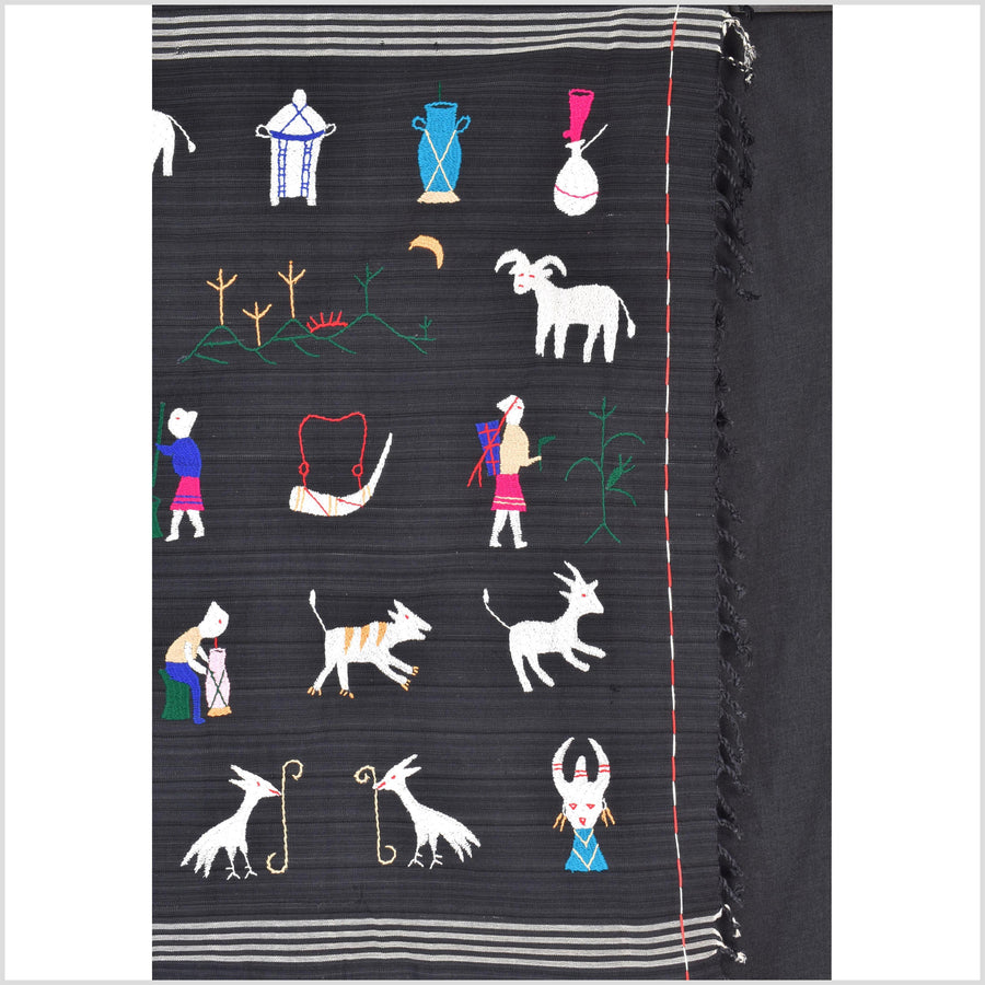 Electric black cotton story quilt Naga tribal textile ethnic embroidered boho fabric Burma hill tribe tapestry Thai India Hmong MP60