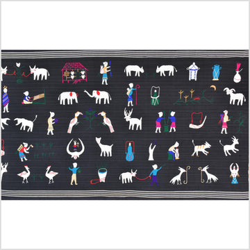 Electric black cotton story quilt Naga tribal textile ethnic embroidered boho fabric Burma hill tribe tapestry Thai India Hmong MP60