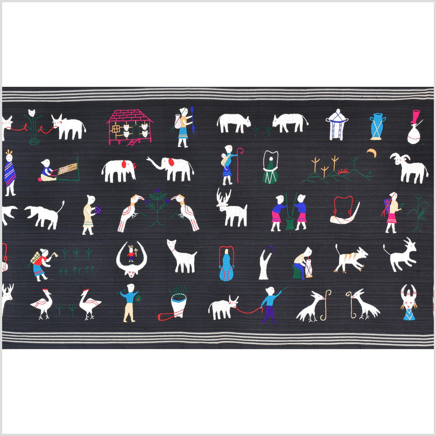 Electric black cotton story quilt Naga tribal textile ethnic embroidered boho fabric Burma hill tribe tapestry Thai India Hmong MP60