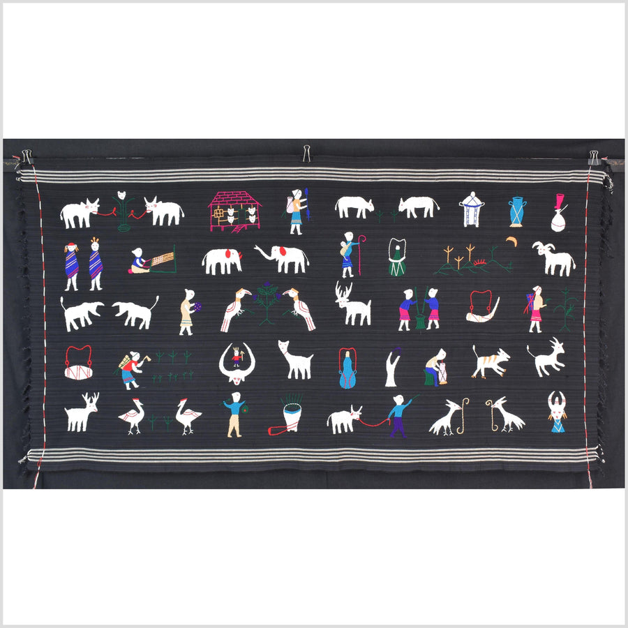 Electric black cotton story quilt Naga tribal textile ethnic embroidered boho fabric Burma hill tribe tapestry Thai India Hmong MP60