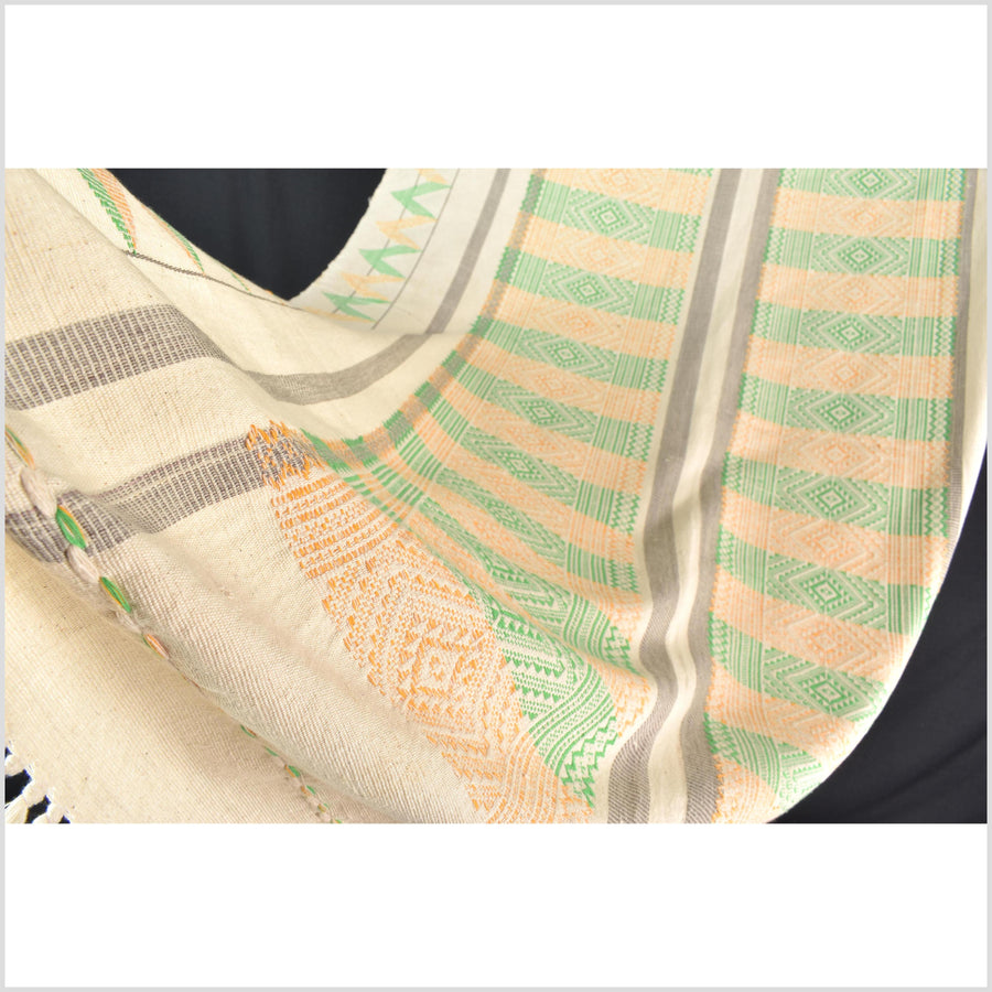 Natural dye, huge, tribal ethnic Naga blanket, cream green yellow gray, handwoven cotton throw boho Thai Burma India MP63