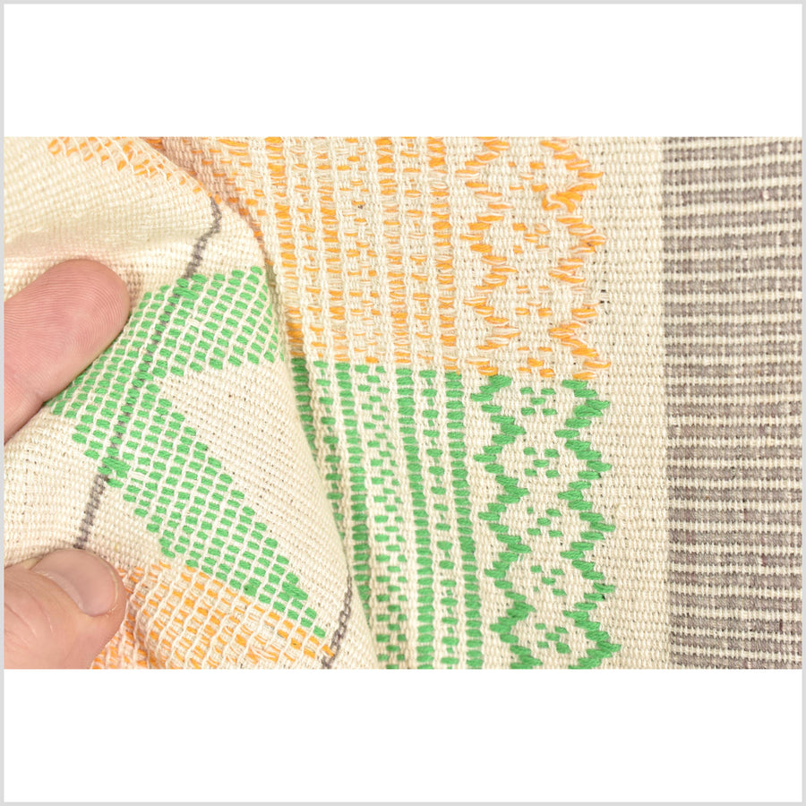 Natural dye, huge, tribal ethnic Naga blanket, cream green yellow gray, handwoven cotton throw boho Thai Burma India MP63