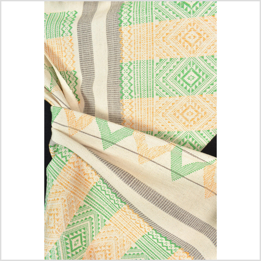 Natural dye, huge, tribal ethnic Naga blanket, cream green yellow gray, handwoven cotton throw boho Thai Burma India MP63