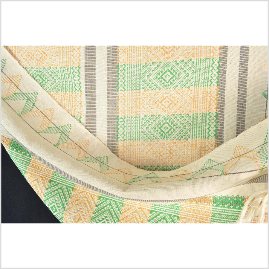 Natural dye, huge, tribal ethnic Naga blanket, cream green yellow gray, handwoven cotton throw boho Thai Burma India MP63