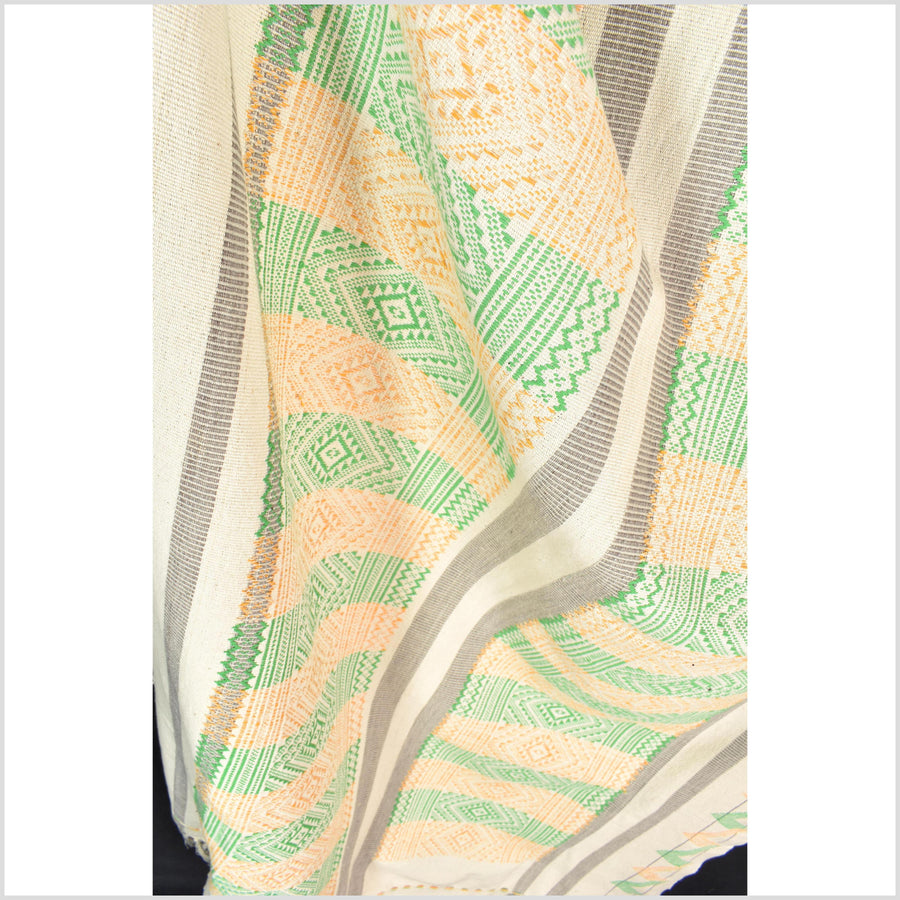 Natural dye, huge, tribal ethnic Naga blanket, cream green yellow gray, handwoven cotton throw boho Thai Burma India MP63