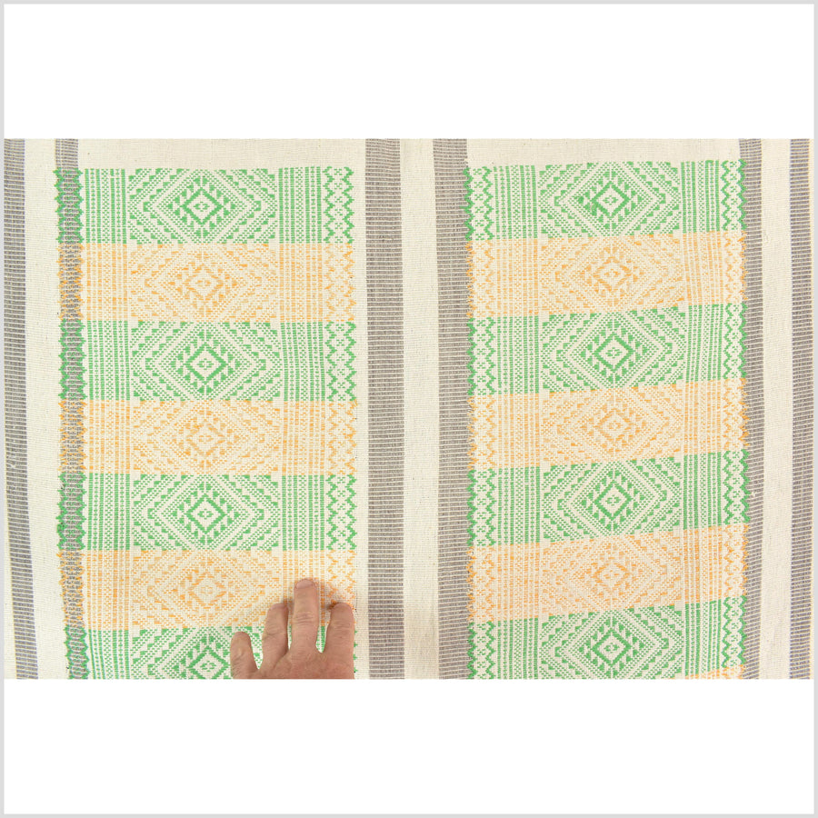 Natural dye, huge, tribal ethnic Naga blanket, cream green yellow gray, handwoven cotton throw boho Thai Burma India MP63