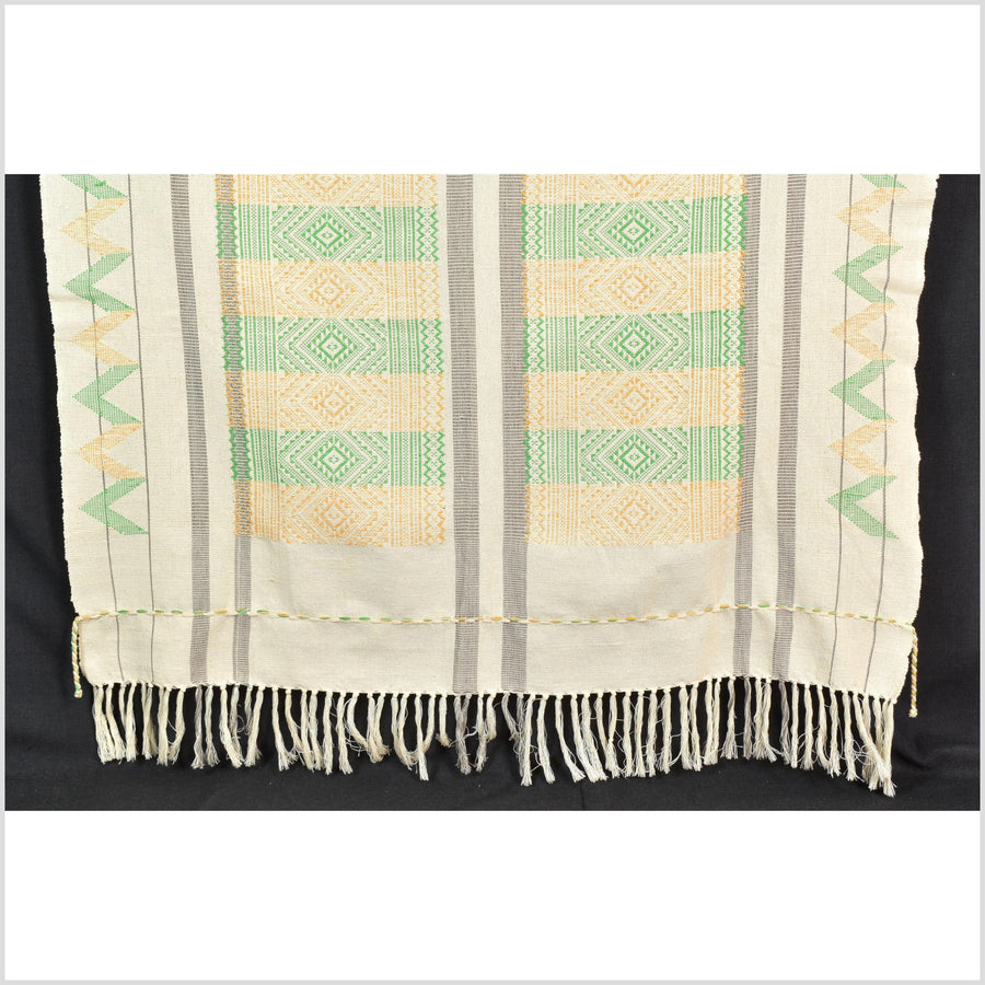 Natural dye, huge, tribal ethnic Naga blanket, cream green yellow gray, handwoven cotton throw boho Thai Burma India MP63