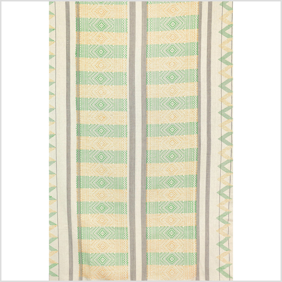 Natural dye, huge, tribal ethnic Naga blanket, cream green yellow gray, handwoven cotton throw boho Thai Burma India MP63