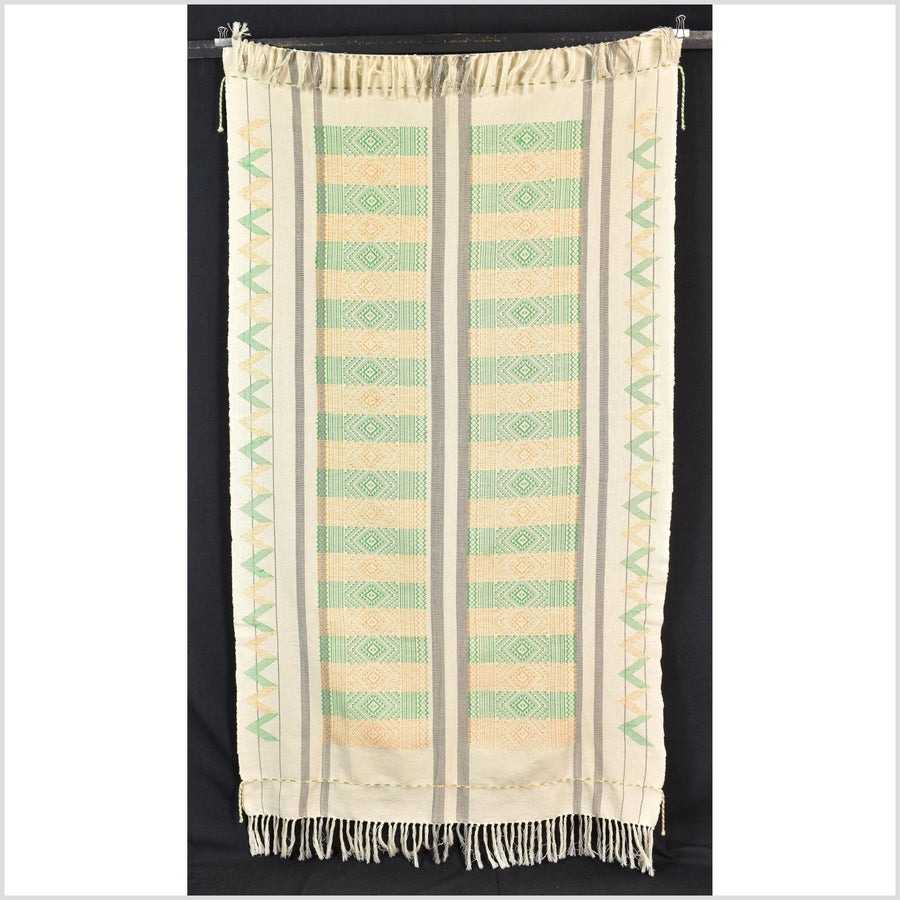 Natural dye, huge, tribal ethnic Naga blanket, cream green yellow gray, handwoven cotton throw boho Thai Burma India MP63