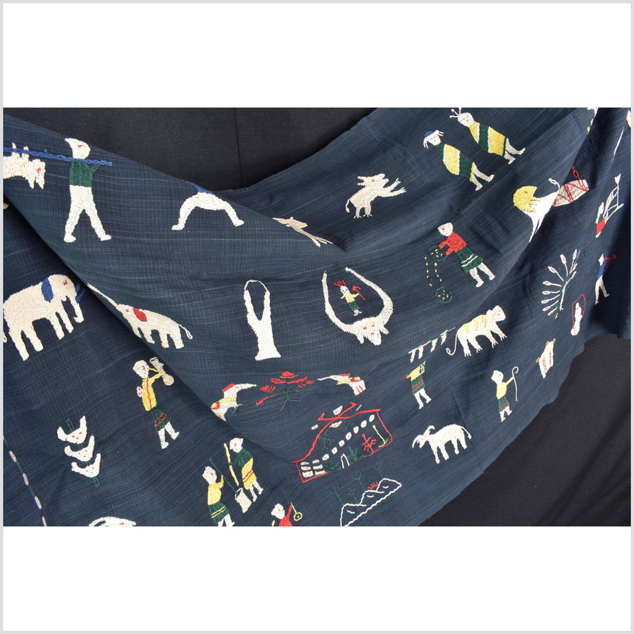 Rich marine blue cotton story quilt Naga tribal textile ethnic embroidered boho fabric Burma hill tribe tapestry Thailand India Hmong MP64