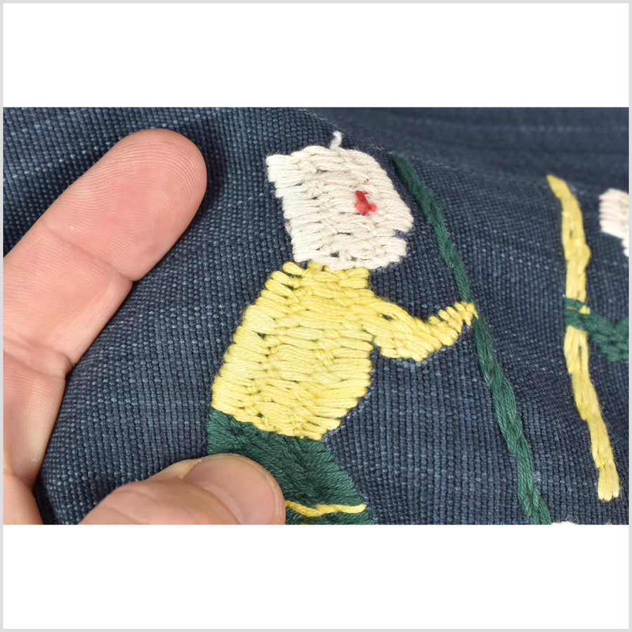 Rich marine blue cotton story quilt Naga tribal textile ethnic embroidered boho fabric Burma hill tribe tapestry Thailand India Hmong MP64
