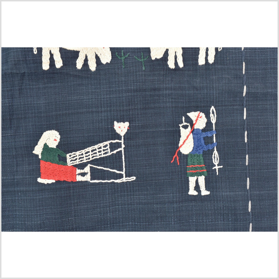 Rich marine blue cotton story quilt Naga tribal textile ethnic embroidered boho fabric Burma hill tribe tapestry Thailand India Hmong MP64