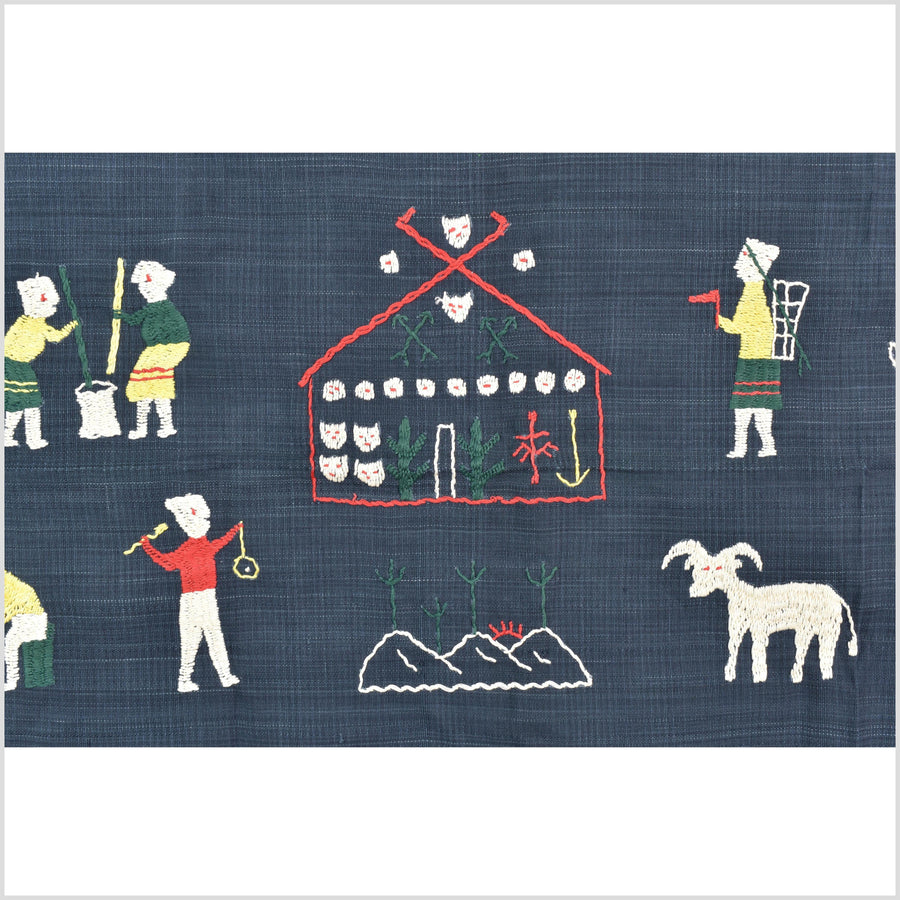 Rich marine blue cotton story quilt Naga tribal textile ethnic embroidered boho fabric Burma hill tribe tapestry Thailand India Hmong MP64