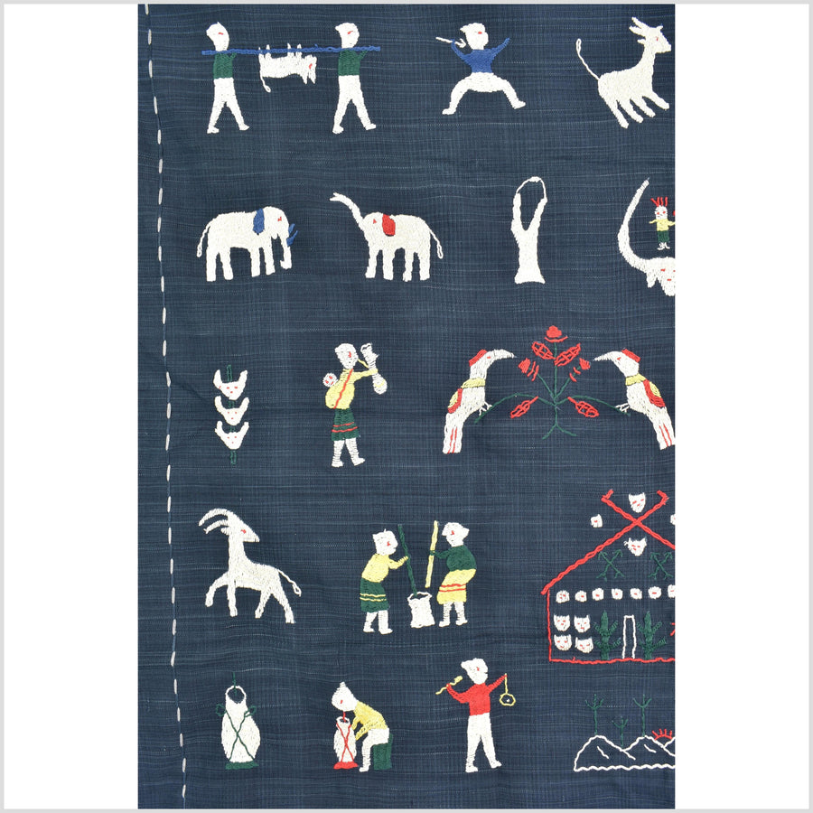 Rich marine blue cotton story quilt Naga tribal textile ethnic embroidered boho fabric Burma hill tribe tapestry Thailand India Hmong MP64