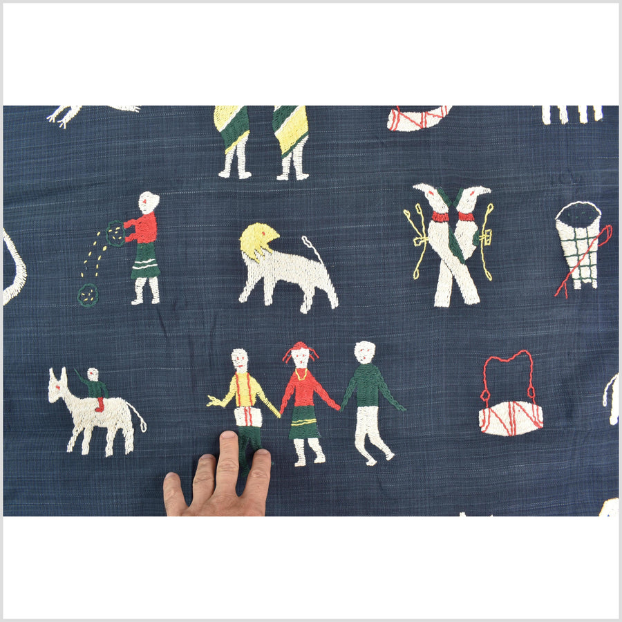 Rich marine blue cotton story quilt Naga tribal textile ethnic embroidered boho fabric Burma hill tribe tapestry Thailand India Hmong MP64