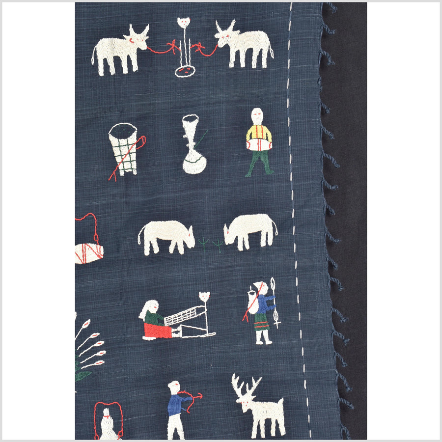 Rich marine blue cotton story quilt Naga tribal textile ethnic embroidered boho fabric Burma hill tribe tapestry Thailand India Hmong MP64
