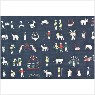 Rich marine blue cotton story quilt Naga tribal textile ethnic embroidered boho fabric Burma hill tribe tapestry Thailand India Hmong MP64