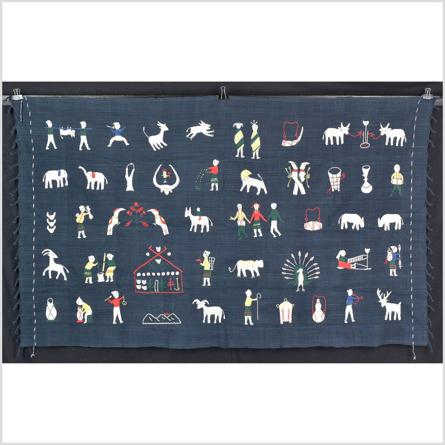 Rich marine blue cotton story quilt Naga tribal textile ethnic embroidered boho fabric Burma hill tribe tapestry Thailand India Hmong MP64