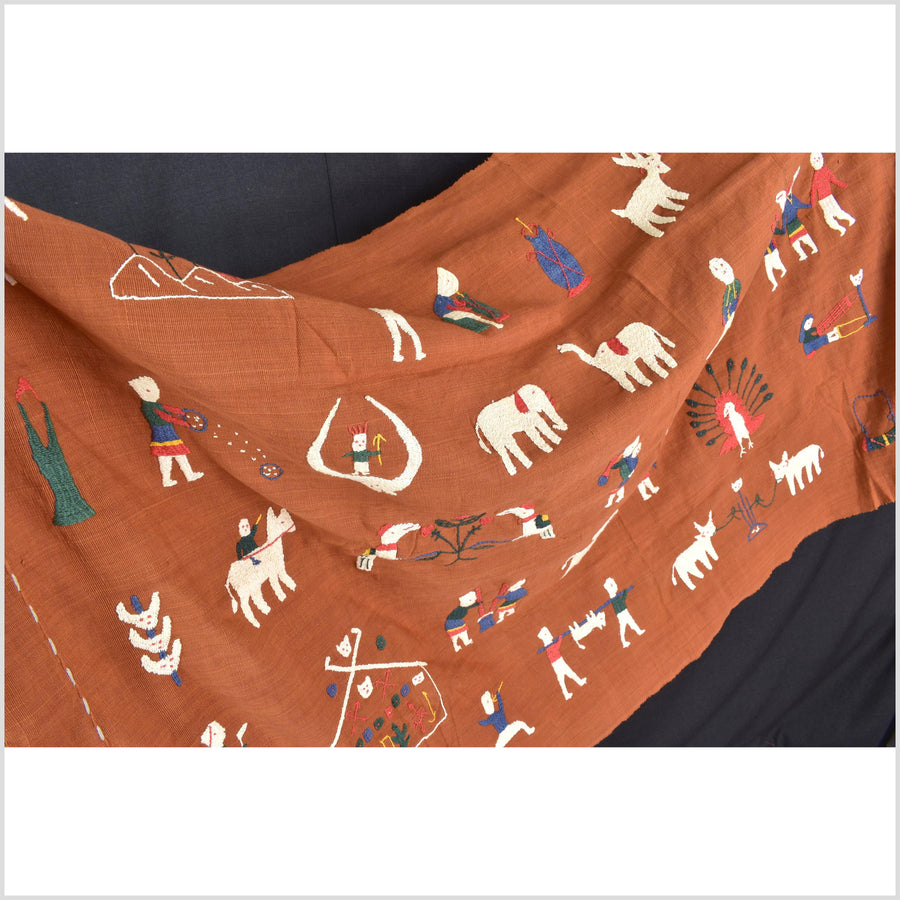 Saffron orange cotton story quilt Naga tribal textile ethnic embroidered boho fabric Burma hill tribe tapestry Thai India Hmong MP65