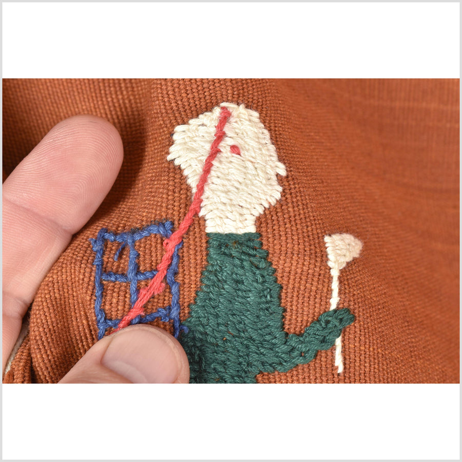 Saffron orange cotton story quilt Naga tribal textile ethnic embroidered boho fabric Burma hill tribe tapestry Thai India Hmong MP65