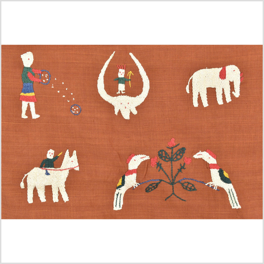 Saffron orange cotton story quilt Naga tribal textile ethnic embroidered boho fabric Burma hill tribe tapestry Thai India Hmong MP65