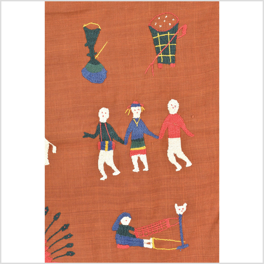 Saffron orange cotton story quilt Naga tribal textile ethnic embroidered boho fabric Burma hill tribe tapestry Thai India Hmong MP65